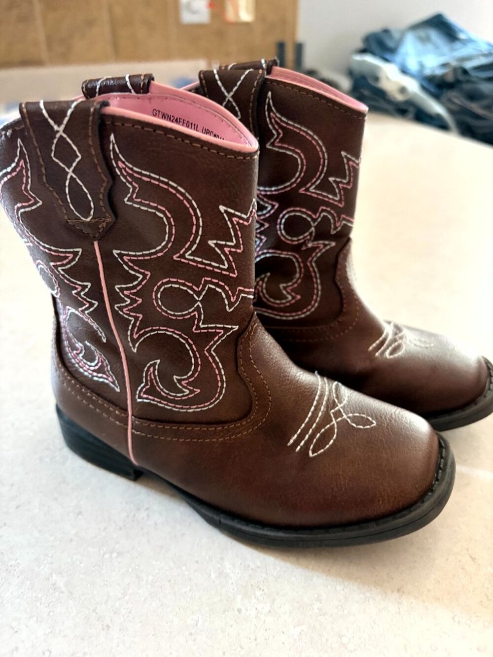 Girls Embroidered Western Cowboy Boots 1" Heel Little Kids Size 10 in Brown Pink